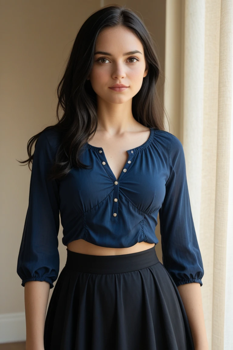 Realistic photo of a beautiful gr4c3f woman,1girl,solo,long hair,breasts,shirt,black hair,long sleeves,medium breasts,closed eyes,parted lips,indoors,lips,hand on hip,window,realistic,yellow skirt,soft lighting, professional Photography, Photorealistic, detailed, RAW, analog, sharp focus, 8k, HD, high quality, masterpiece<lora:gr4c3f:1.0>