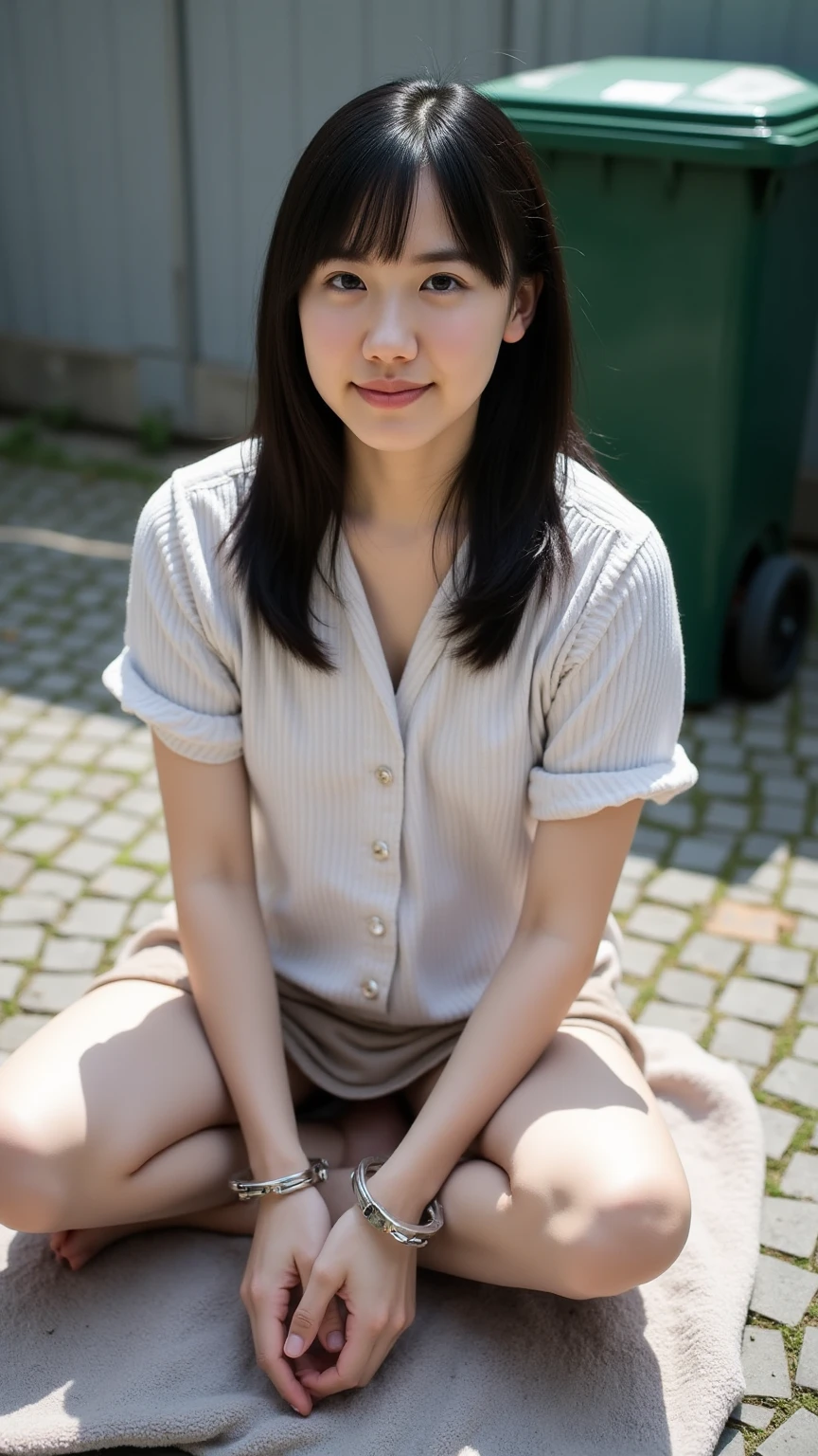(squat:1.5),(Wearing a business shirt),In town,(The skin is wet from sweat),OL,looking at the camera,Cleavage,smile,Skirt Lift、Lift your skirt with your hands,woman, 20-year-old, Short Hair、bangs、(Business Skirt),(White lace panties)、Cute earrings,Natural lighting