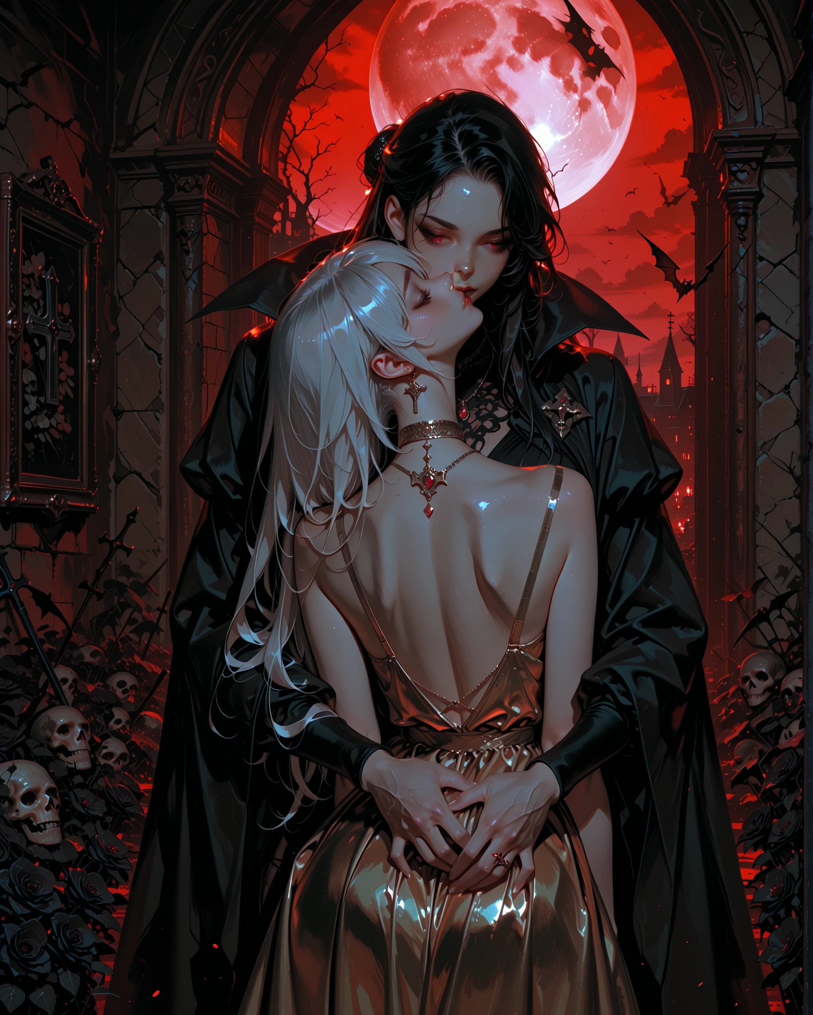 (masterpiece, top quality, best quality, official art, beautiful and aesthetic:1.2), extreme detailed, (fractal art), (black and white:1.5), (a vampire girl biting a neck of an angel man:1.5), (embracing), (tragic), large angel wings, dynamic angel, long hair flowing, occult, (oil painting), gloomy, holy, black background, side view