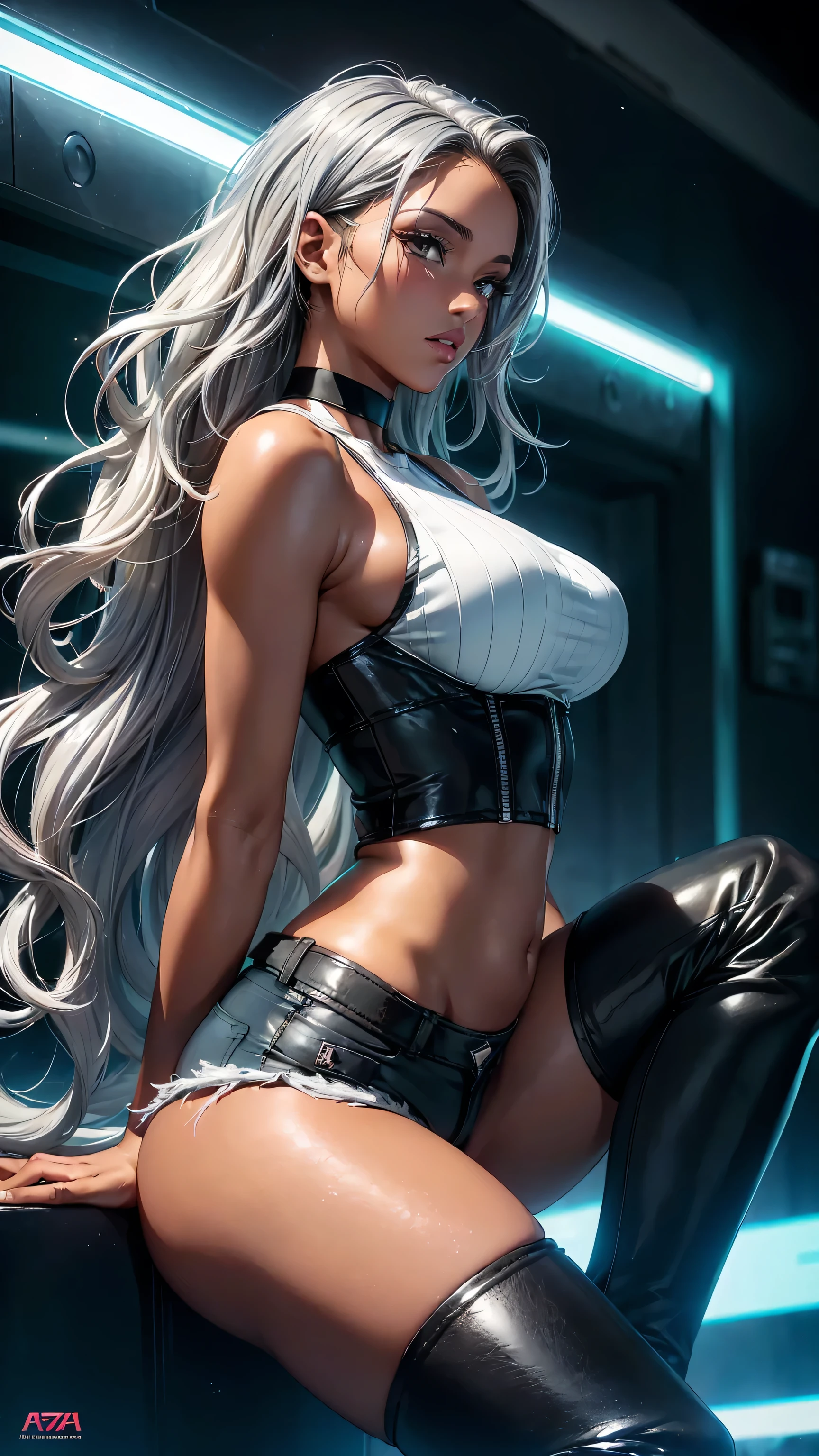 A beautiful black woman with white white hair and white eys, African-American, dark brown skin, black leather outfit, cleavage, big boobs, sultry, sexy, full body, lighting storm background, stormy skies, lightning, --auto --s2