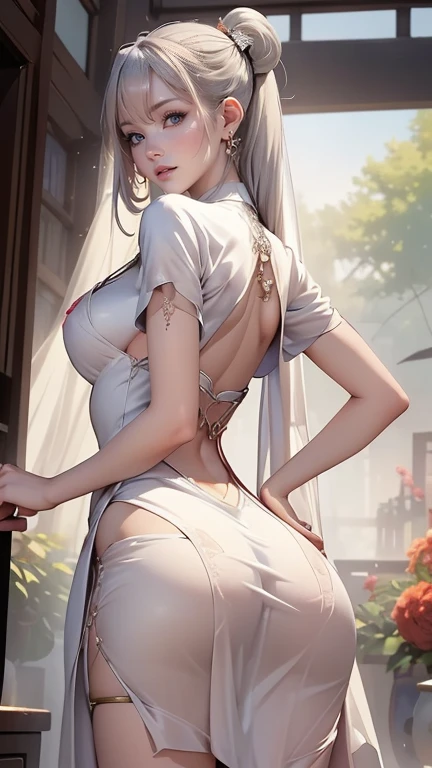tmasterpiece , Best quality at best,Nahida(genshin impact), 1个Giant Breast Girl , white shirt:1.5 ,side ponytails ,White hair ,Colorful hair, green-eyed,leisure wear , has cleavage , Black collar, Bao , Green hair,Heavy traffic , City life