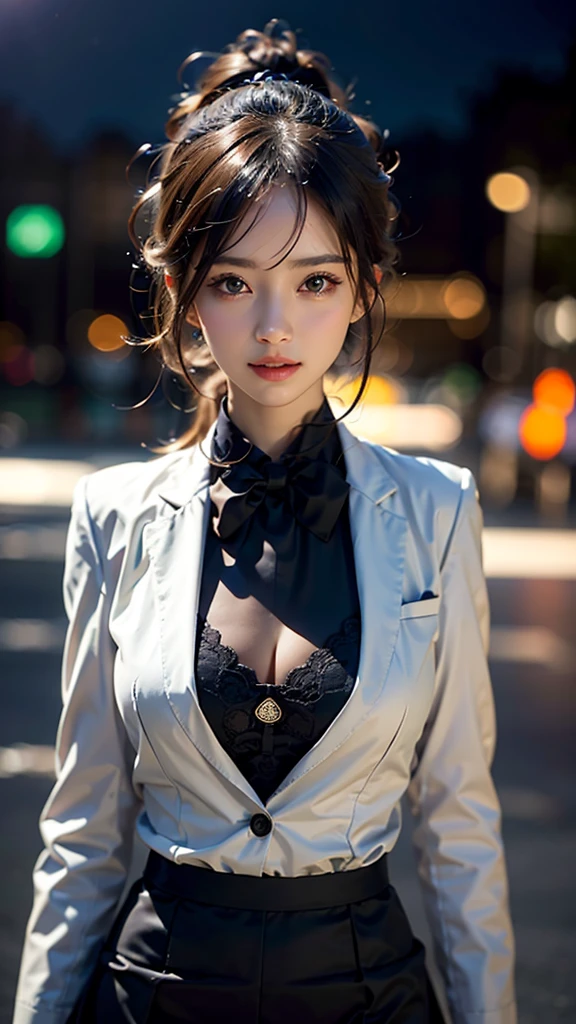 (run a high class brothel、A devilishly beautiful madam who sells useless prostitutes to organ brokers..),NSFW, masterpiece, highest quality, Accurate, UHD, retina, Super detailed, Award history, High resolution, anatomically correct, (realistic:1.4),Raw photo,(Soft saturation:1.3),(Fair skin:1.2),rough skin, 8K,1 girl, alone, mature adult woman, Beautiful Evil, evil and sneaky sexy woman, (perfectly beautiful woman, perfectly beautiful face, Perfectly beautiful eyes, perfectly beautiful nose, perfectly beautiful nose孔, perfectly beautiful lips),(Chestnut hair tied on top of head),(compensate:1.3),(eye reflection:1.3, solid circle eye, ring-shaped eyes, Sparkling pupils:1.2, long eyelashes:0.7, amber eyes),(crystal earrings, necklace), sleepy, parted lips, boredom, (enchanting smile:1.4, cruel smile:1.4), (average_breasts_size, ponytail_hairstyles, glossy_lips:1.5,lip_reflection:1.5), break, (tight_blazer, executive_blouse, tight_skirt, pantyhose:1.5),(standing, at the street, looking at user, wide_shot:1.5)