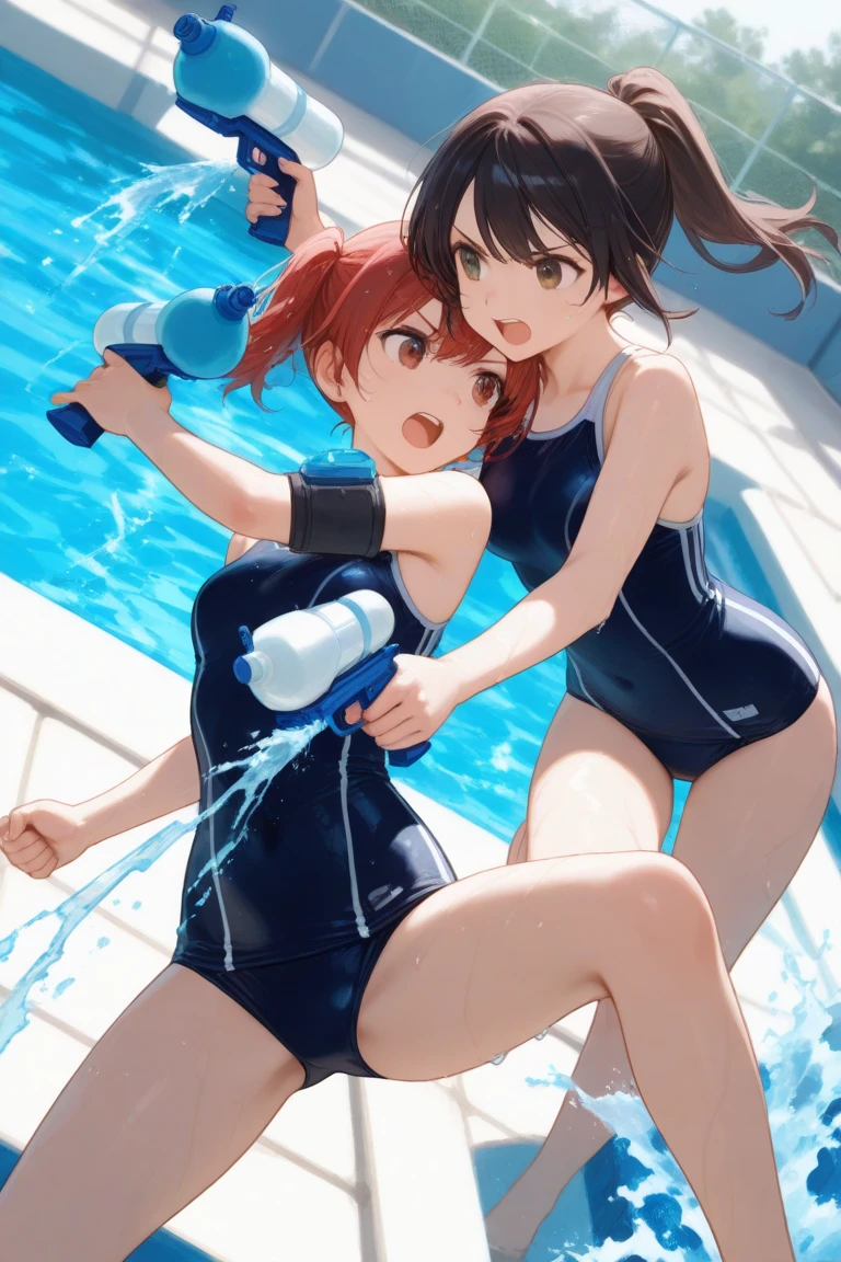 High quality, high definition, hig
h precision images,8k 2Girl Robot Girl、red hair,Twin tails,Red eyes,robot style barrette, The two of them are in the pool, playing around, looking at each other and laughing, both of them getting wet with a lot of water...The sun is shining Full body view,
