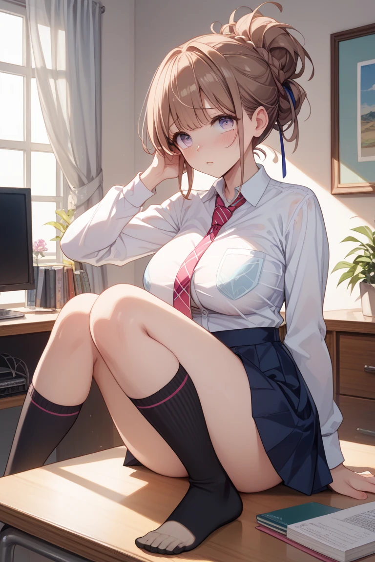 (masterpiece, highest quality, High resolution, 8k, High quality anime illustrations, Realistically), ((Nausicaa sitting with her legs spread apart, leaning against a wall)), very cute,  Baby Face, blush, eyeを半分閉じる, Pout your lips, Moist and beautiful lips,  (alone), Bright reddish brown hair, short hair, Red Gem Earrings, Beautiful moist eyes, Beautiful big breasts,  Bichibichi, Mesh underwear, Fishnet stockings, garter belt, High school girl uniform, Perfect beauty, Slim body, (Perfect and detailed anatomy, Beautiful and elaborate face&eye:1.5, Shiny skin, Perfect proportions), Luxury hotel suites, (Staring at the audience), I want to see the whole body。