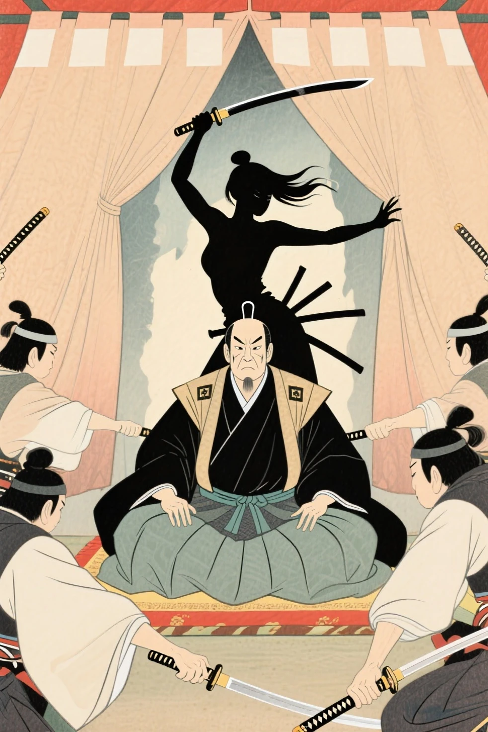 Best quality , masterpiece , japanese ink painting, soft light, highly detailed, the powerful medieval shogun sits in his tent, he is angry to have noticed a sound behind him, behind the shogun a beautiful female ninja silhouette can be seen through the tent raising her straight katana silhouette above her head to strike through the tent wall.