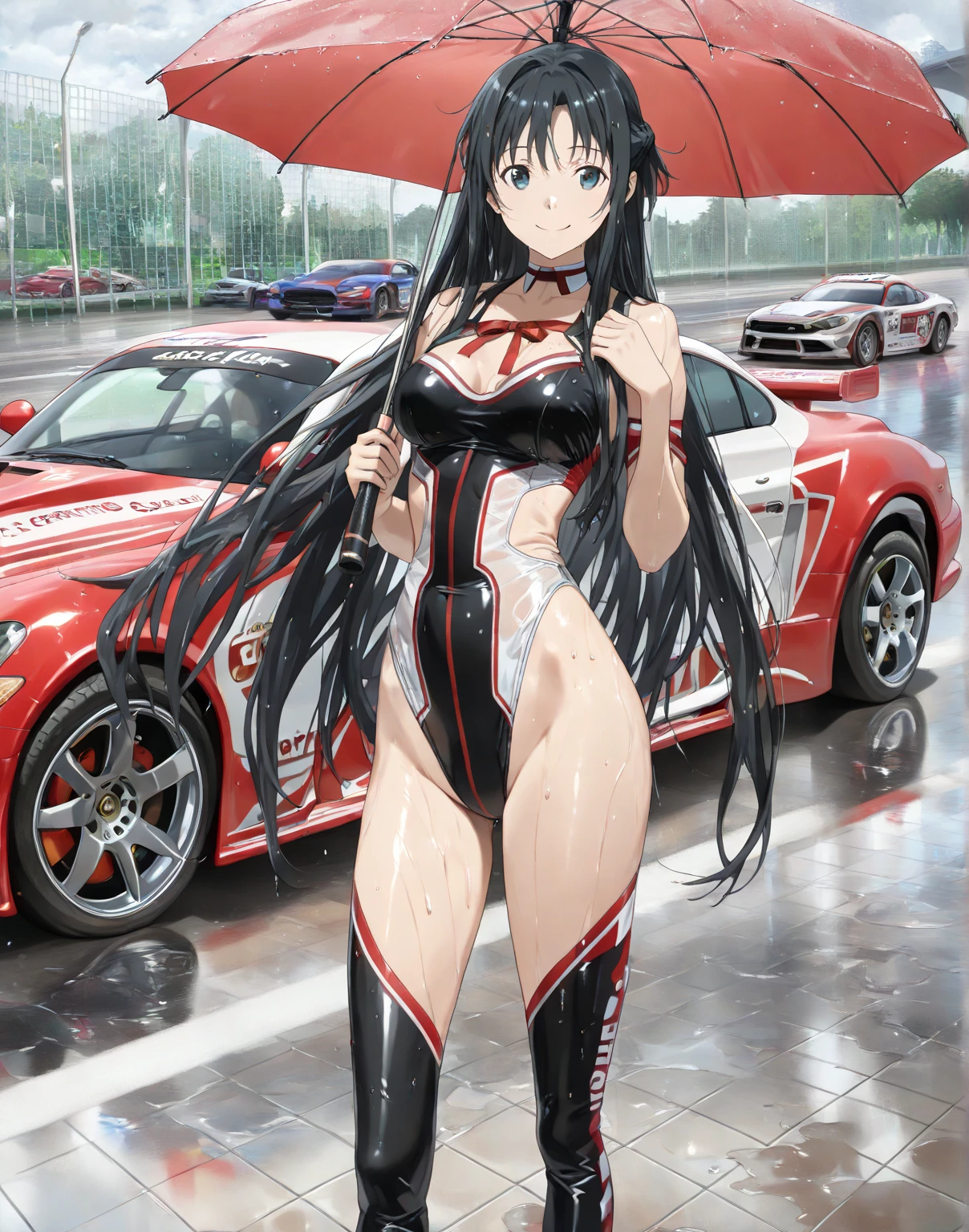 Cute black haired girl with red combed and curly hair and red eyes wearing a gray plaid bikini