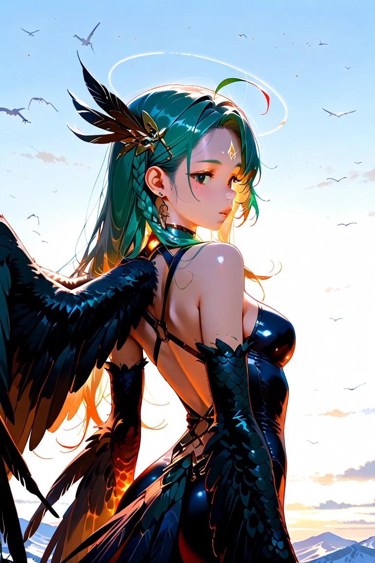 "(best quality,ultra-detailed,realistic:1.37),portrait,detailed bird-like wings,detailed bird-like legs,long green hair,beautiful blue eyes,detailed lips,mysterious atmosphere,sexy half-raven figure,dark clothing,arms with wings, harpia, no arm"