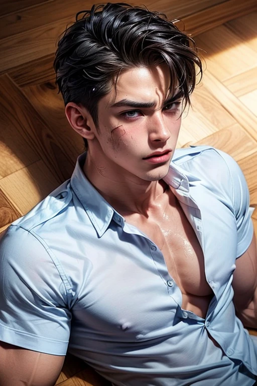 (realisitic, perfect, fot), a man with his shirt unbuttoned showing his chest, He's sitting in a chair, he has a goatee and green eyes, very attractive and strong, appears to be wet
