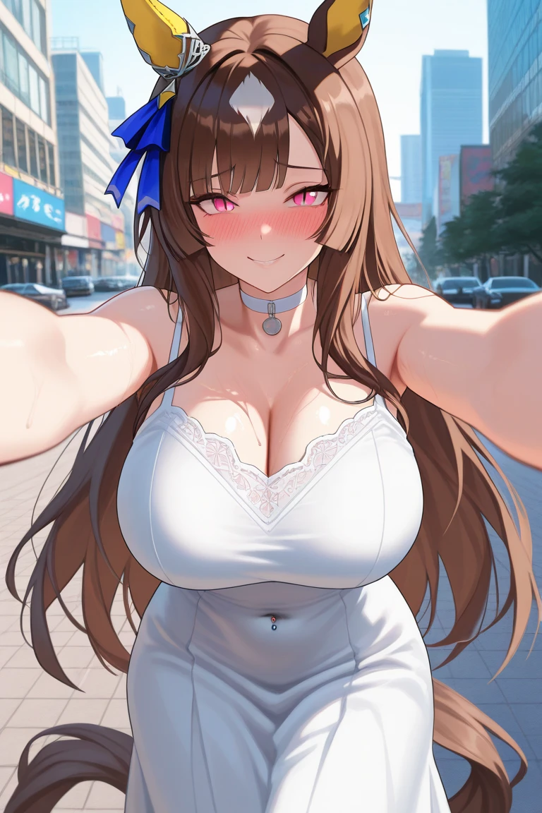 masterpiece, best quality, 1girl, maruzensky \(umamusume\), beautiful face, beautiful hair, (((lovely big eyes))),(((cute smile, happy)), (((saggy huge breasts:))), ((hanging breasts)), (((erect nipples))), ((puffy nipples)), (((large areolae, covered nipples))), (((breasts apart))), focus on eyes, (((slim body))), (big ass), night, city, city lights, neon lights, shop, mature female, ((((sexy)))), standing, ((((red sexy dress)))), ((jewelry)), (((very humid sweaty))), (((shiny skin))), (((sweat))),