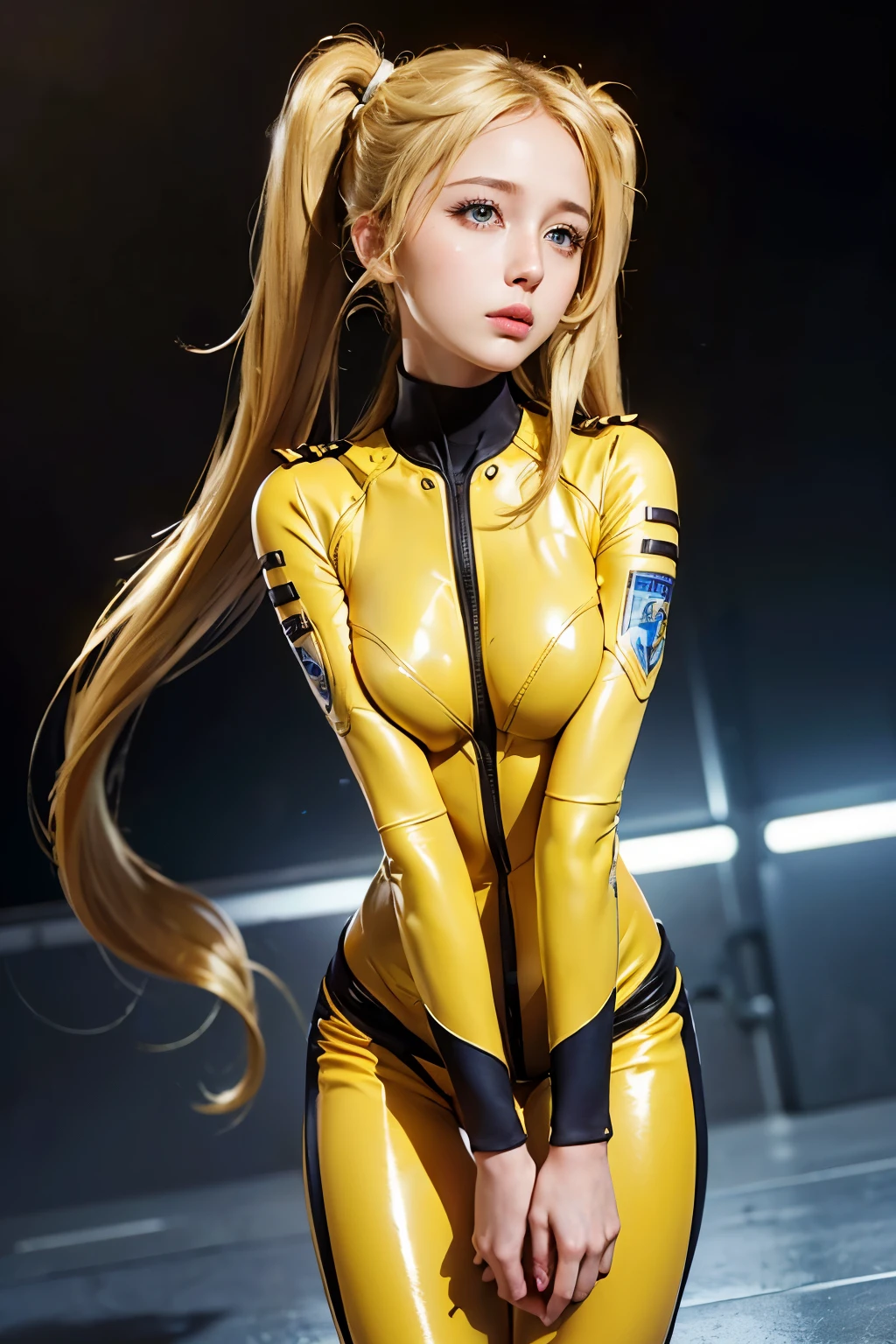 dressed as a bee, long hair blonde, bee bodysuit, big-ass, baile funk no brazil, sound wall and white high boots, standing