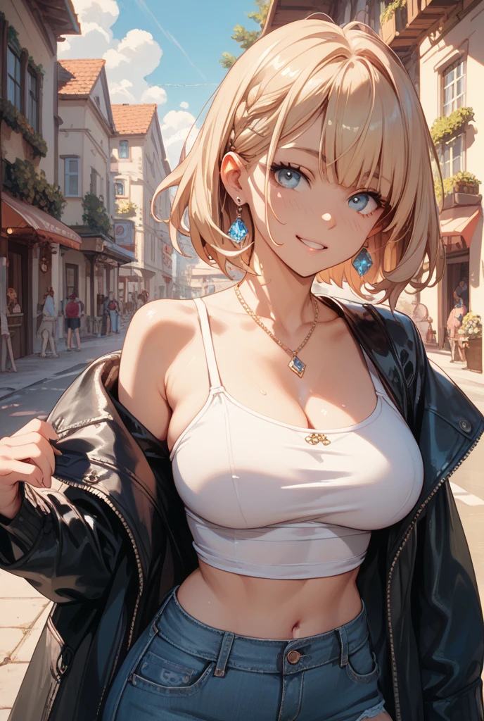 cute girl wearing black leather jacket, 1girl, solo, jacket, long hair, shorts, looking at viewer, navel, smile, breasts, outdoors, shirt, short shorts, white shirt, open jacket, open clothes, open mouth, night, cowboy shot, black jacket, black shorts, blush, collarbone, blonde hair, thighs, cleavage, leather, leather jacket, sky