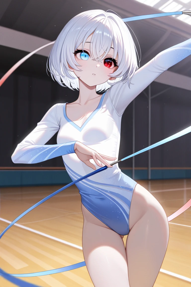 (anime style),masterpiece, best quality, extremely detailed,16Years old,tanned skin,dark skin, Beautiful body,tiny body,glass on breasts press,BREAK,multicolored colorful white hair,shaggy hair,very short hair,BREAK,black eyes,black choker,shy smile,open mouth,half closed eye,detailed lips,BREAK,BREAK,bruma with vertical stripes,oversized bruma,rhythmic gymnastics uniform,break,head tilt,in school sports warehouse,sitting back,Balance beam,