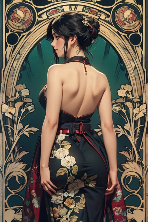 (back view),(SFW),((hyper-realistic illustration:1.4)) Beautiful 20 yo Mediterranean woman, beautiful athletic figure, shapely toned legs, perfect round ass, natural perky breasts,(abs), long dark hair, green eyes. (joy:1.4), sweet smile,  Red lipstick, mascara, long sleeve dress, high heels. Masterpiece, (highly detailed:1.2),(detailed face and eyes:1.2), depth of field, 8k wallpaper, natural lighting, core shadows, high contrast, bokeh.