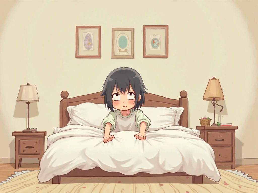5 years old sick Thin little girl lying by the window White curtains blown by the wind Cartoon style oil painting
