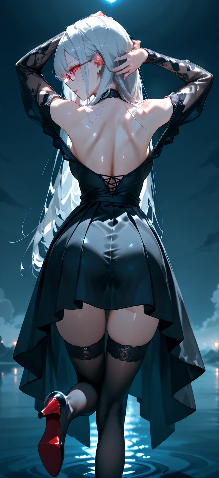 1girl, beautiful detailed face and eyes, white hair, ballerina, arabesque, minimalism, side view, dark blue background, simple background, fisheye, masterpiece, highest quality, highest quality, official art, beautiful and aesthetic, animation, lift ass, colorful ballerina outfit, dynamic poses, LOOKING THE OTHER WAY