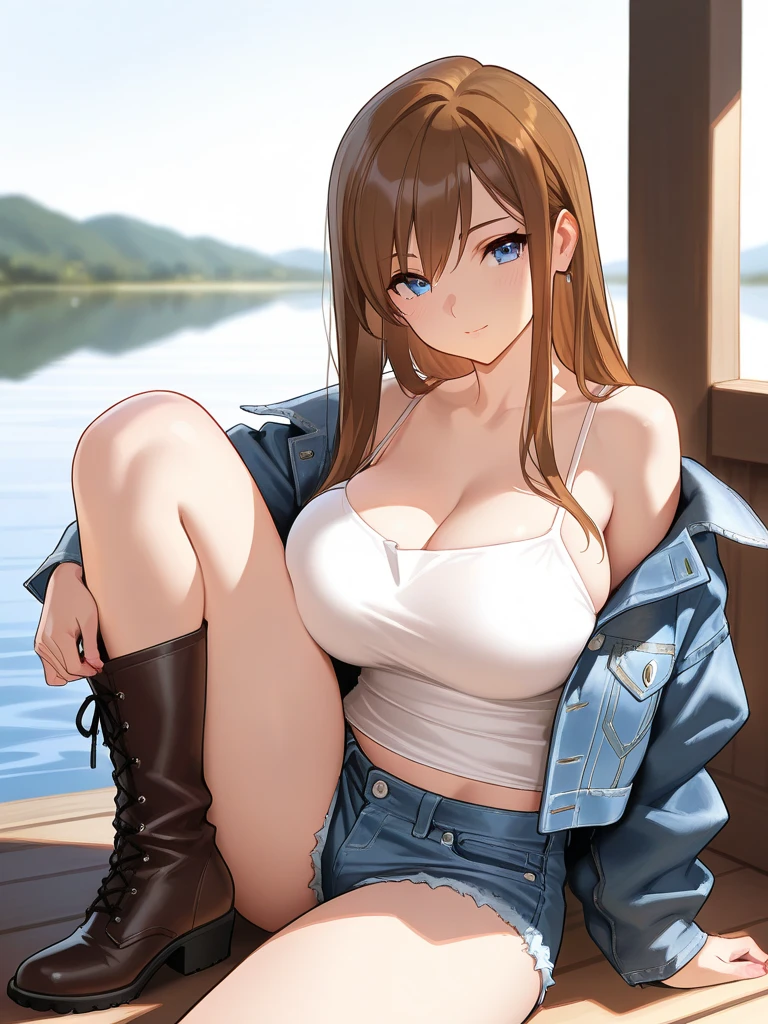 1 girl, very big breasts, very sexy body, 1 girl in, a smile, looks at the viewer, black shirt, super short white school miniskirt, full body, giant breasts, cleavage, giant breasts, heels, background in the mountains 1 girl , with big breasts. long legs QUEEN huge tits, (cleavage), high legs, (standing), sexy and muscular body. short skirt.4k hd