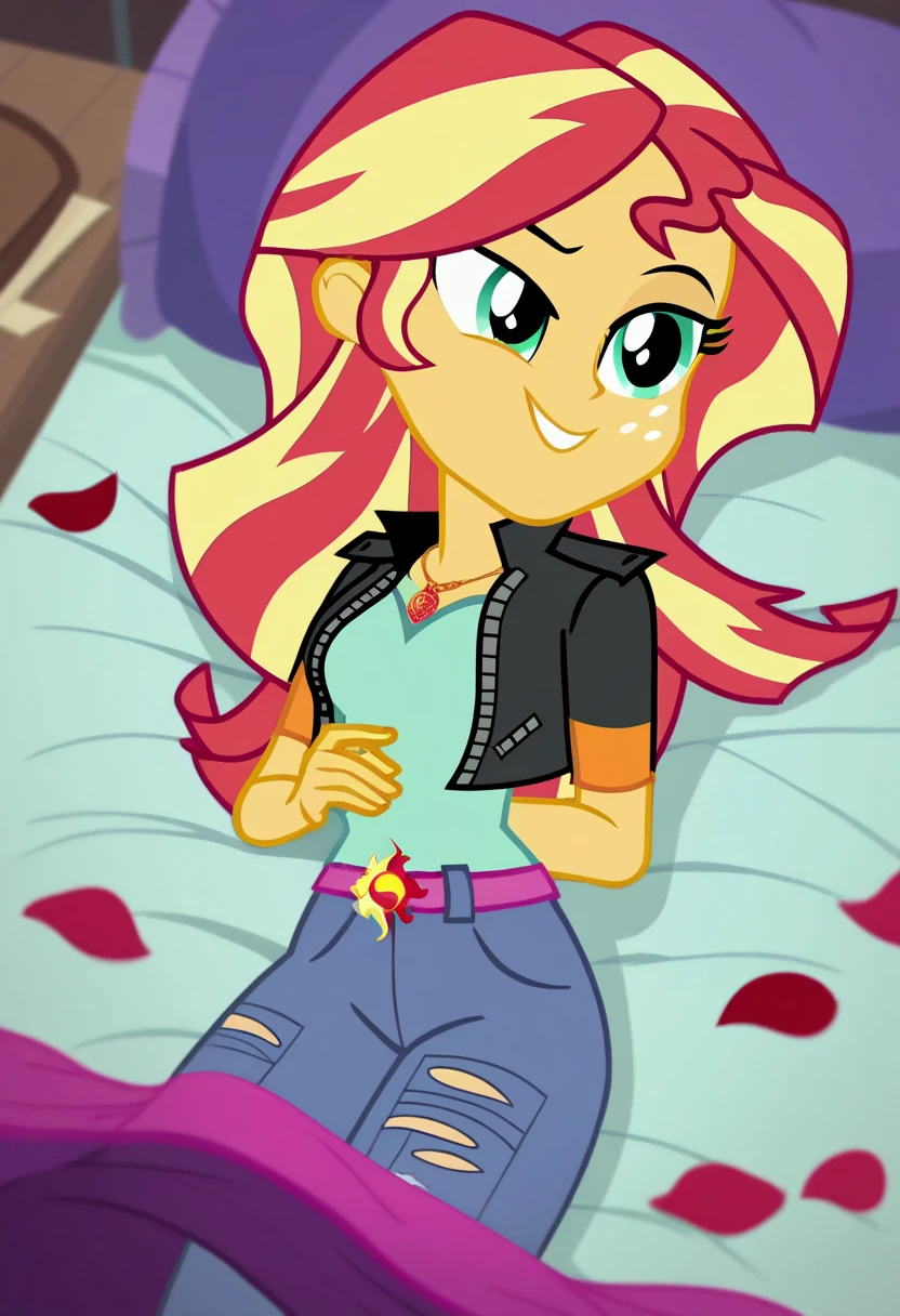 score_9, score_8_up, score_7_up, score_6_up, score_5_up, score_4_up, background sunset apartment, bedroom, sunset shimmer, equestria girls, cute, romantic, bedroom eyes, breasts, bra, female, sexy, bend over, looking back, looking at viewer, beautiful, panties, upskirt, skirt lift, shirt lift, cartoon, vector, show accurate, blushing, male pov, Sunset sticks her ass out, shapely ass, thongs panties, bikini. Male POV has a very huge and big tent in his pants, erection bulge in pants, evil grin, evil smile