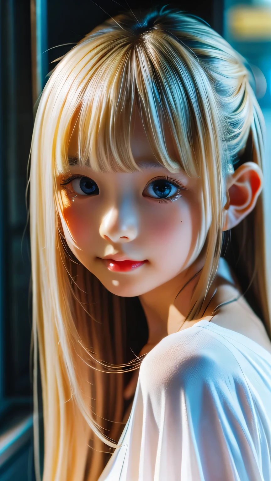 The most beautiful white girl in the world、very beautiful super long light blond hair、美しい顔の上の長い Gold、very white and very cute beautiful and young girl、very perfect cute little face、very impressive beautiful very large very bright eyes that shine white、Extremely bright pale pale light blue large iris、 bright blonde with a beautiful sheen 、 sexy fresh look 、Perfect beautiful
