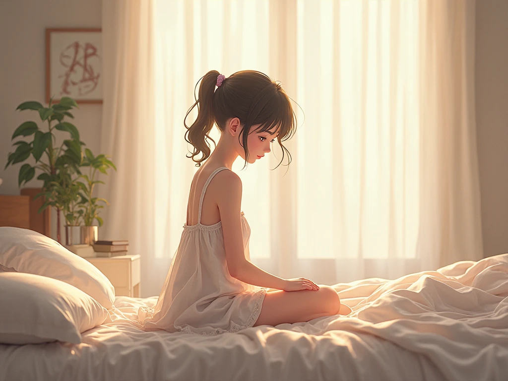 (((The painting style is clear and delicate, the colors are naturally saturated))), the picture is not blurry or vague, a girl, sitting quietly in front of the bed, white shirt, black skirt, many white sheets around, the room exudes a soft yellow light, the clock on the bedside table points to 10 o'clock at night, a book is quietly placed on the bed, some positions are turned up, she seems to have been looking at it for a while, the girl is a little pensive, her eyes look through the window, as if she sees endless distance, but also some tenderness, the quiet and warm atmosphere gradually pervades, The whole space is full of warm atmosphere and living temperature. --auto --s2