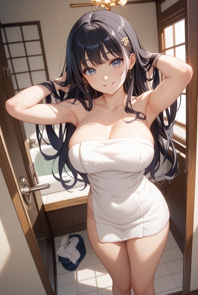 (((masterpiece, Highest quality:1.5,absurdres))),30 year old beauty,(dark blue hair),((very small head:1.2)),long hair,bangs,dark blue eyes,gorgeous eyes,blush、in heat,medium breasts,((very long body:1.4)),((toned body,slender body)),skinny,((tan skin:1.4)),gleaming skin,shiny skin,sweat,((Navy blue camisole、Underboob、navel、Navy blue pleated mini skirt、A rolled up skirt、spread vagina,Love juice、),Navy blue sneakers、kneeling,spread legs:1.3,library、Tokyo、