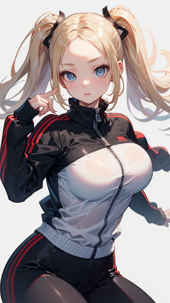 one-girl,Off-the-shoulder attire,cleavage,Tiny breasts,looks into camera,sportrait,closeup cleavage,cabelos preto e longos,School playground,track suit,sport,jogging