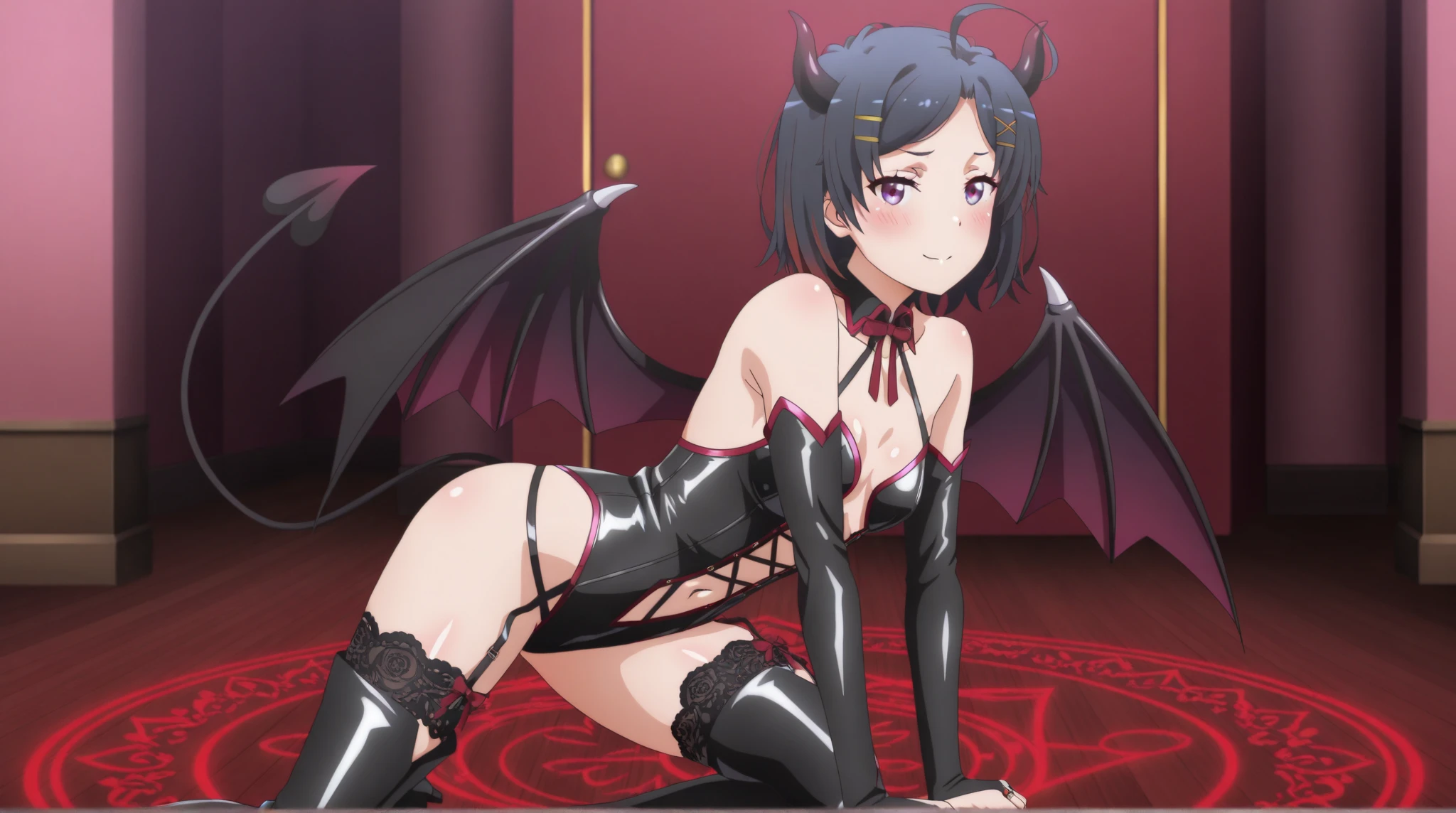 (1 boy:1.2), (Solo:1.2), nffsw、Shaders、Brilliant Textured Work、Ultra-detailed eyes、ultra-intricate pupil in eyes、top-quality、Succubus clothes、Succubus Wings、Succubus tail、Succubus horns、Succubus Boots、(dark skin:1.3)、Dark hair、shorth hair、spiked hair、(sadistic smile:1.2)、Navel、Shoulder out、Strapless、despise、Looking down here、from below、Black Hot Pants、bulge in the crotch area、NSFW、tom boy、Spiny collar、Spike bracelet、caves、Standing Picture、flat chest、ridicule、crazed smile、trample、hand on hip、double tooth、Opening Mouth、Heart hair ornament、Hurt this、A condescending face、Hanging、Sanpaku eyes、(Half close your eyes:1.2)、cheeky face、sadistic、skinny legs、Spiny black boots、black gloves、