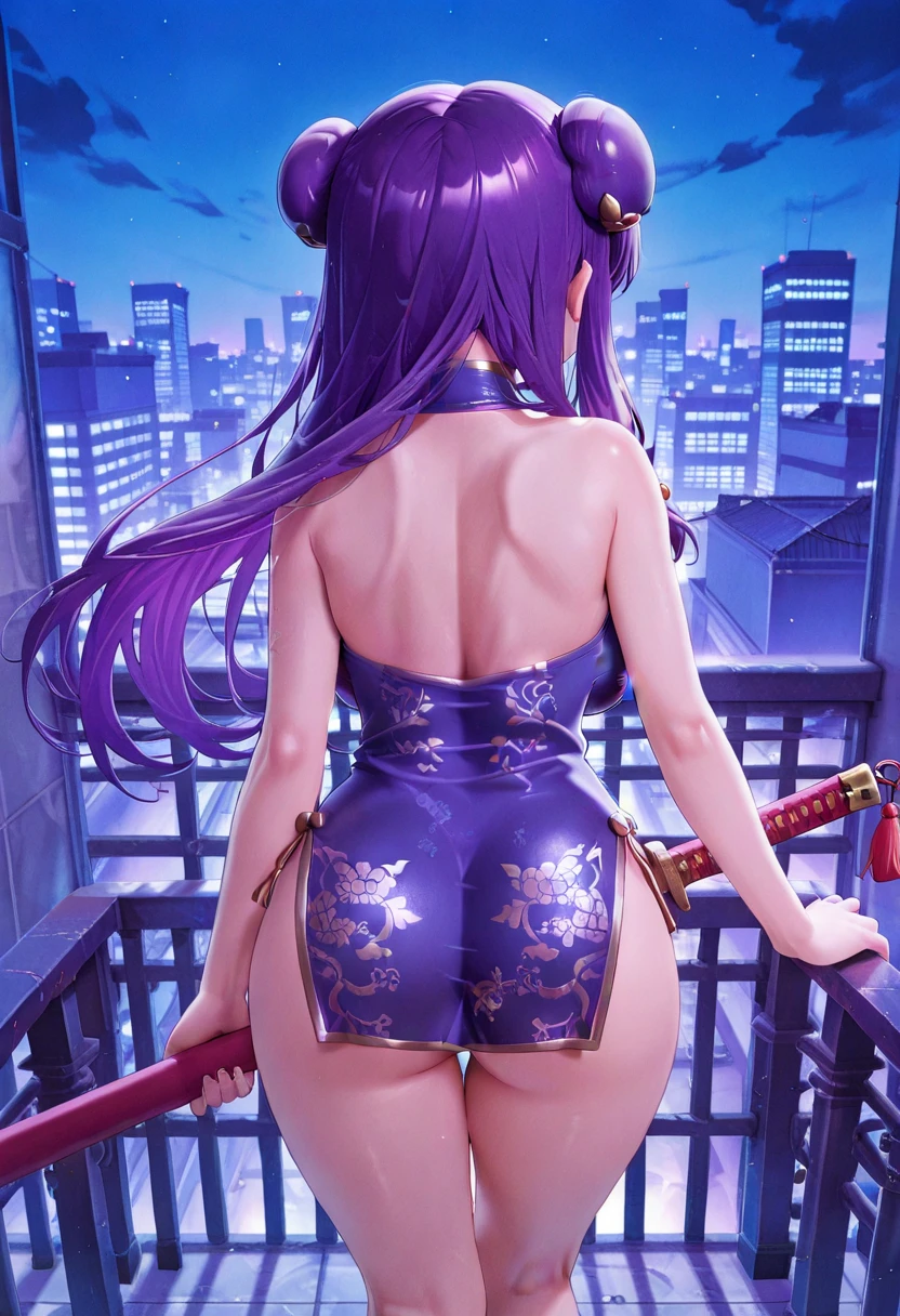 Draw Misha Fox, a unique female character. Waist-length purple hair all messed up. thin purple eyebrows, purple eyes. sleepy facial expression. small, firm and perky breasts, thin waist, big and perky butt, athletic body.
Later, the two met in a cozy bar in the city center. Misha arrived a little later, attracting stares as soon as she entered. She wore a tight, short burgundy dress that highlighted her curves provocatively. Her high heels made her look even taller and more confident. Her purple hair was loose, falling in perfect waves over her shoulders. seen from the back with her ass stuck out. on your back with your hands on your ass with a bottom-up view.