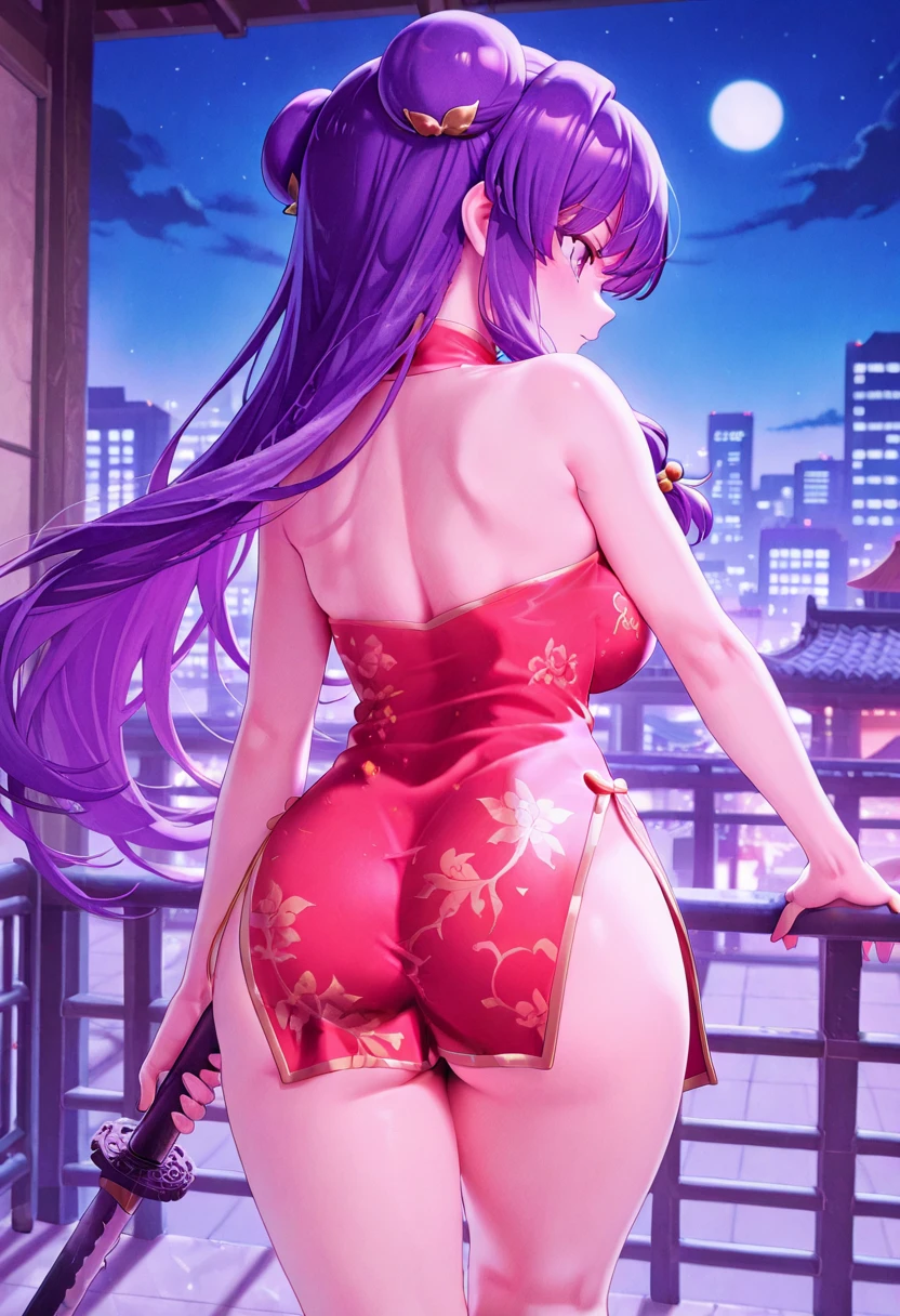 Upper body、One Girl、Has pink and black hair、Hair Bun、Large Breasts、topless、No clothes、Full nudity,Big butt、Cleavage、Japanese anime style,By the pool、Night Scenery、Beautiful fireworks in the night sky、