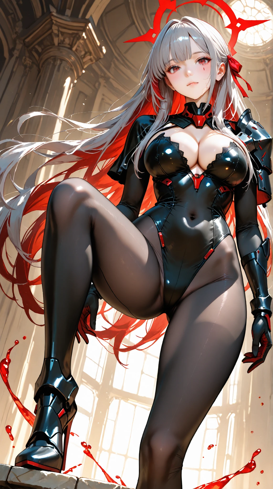 Female, alone, paladin of light, human, light powers, expert fighter, red hair, detailed eyes, beautifull face, long hair, defined body, yellow and bright eyes, thick legs, strong legs, tall, Voluptuous legs, black armor, palading black armor, huge ass, big hip, big ass,  wearing black coat, black and red robes, detailed eyes, big hips, thick body type, tall