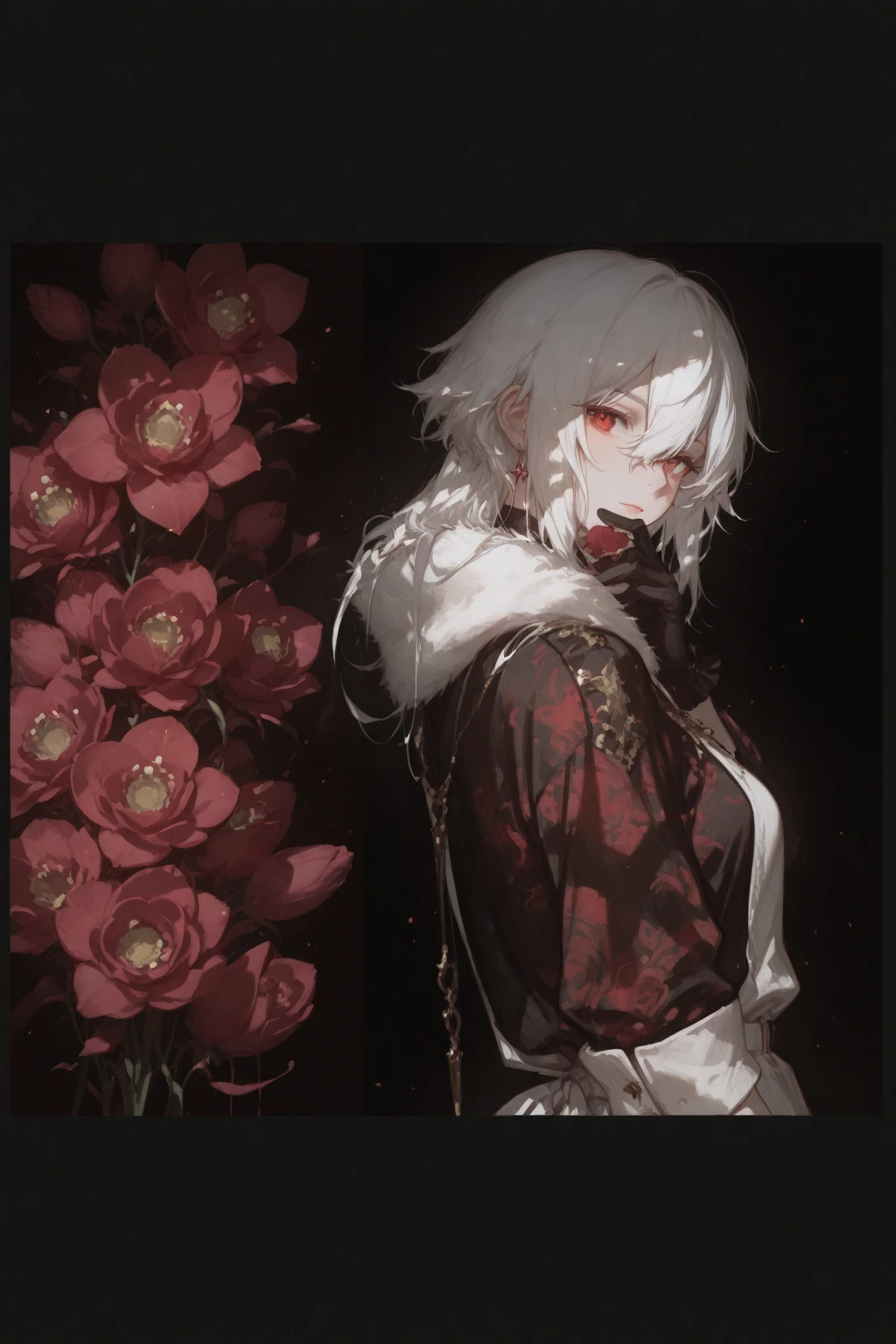 young man, (((male))), (((man))), (((one person))), single, solo, (((white colored hair))), (((red colored eyes))), ((blood red colored eyes)), (medium short hair), (((grey colored skin))), wavy hair, slim figure, ((flat chest)), ((wearing fantasy clothes)), fantasy style, (((wearing flowers in his hair))), ((flowers in hair)), ((pointy ears)), ((spiderlily flowers)), (sunny weather), smiling, black colored flowers, dark red colored flowers, thorns, spikes, warm light, gold colored details, (undead), (happy), (cute face), black colored blood, black blood, black ink, pocketwatch on a chain