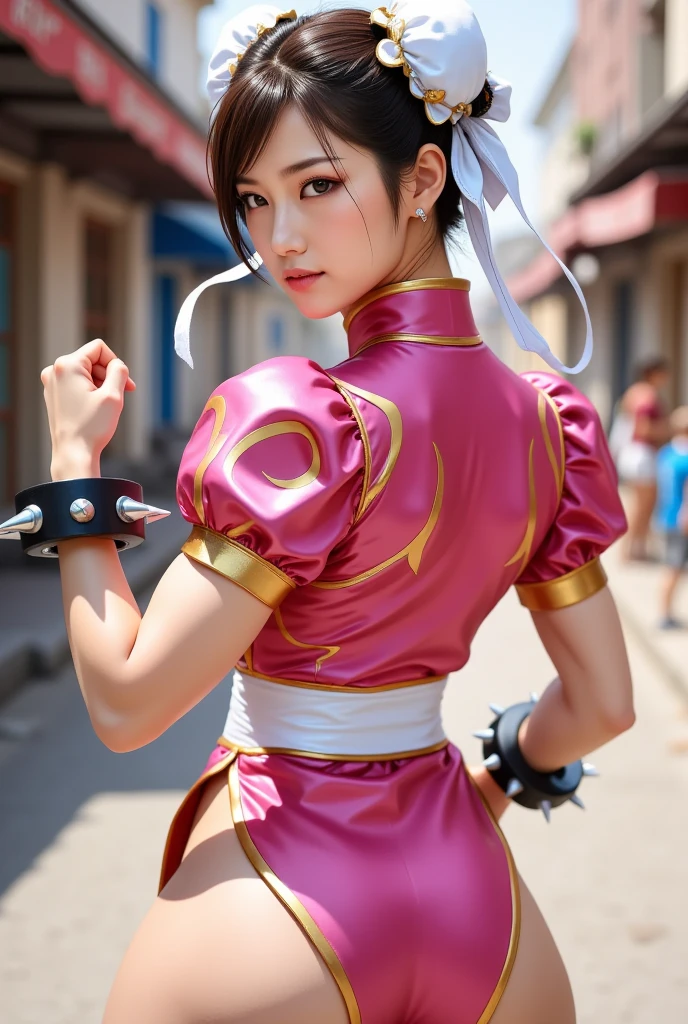 fantasy female idol、kung fu mini cheongsam(Shiny Pink)、Reluctant、full body Esbian、fighting poses、Mini skirt with slit、