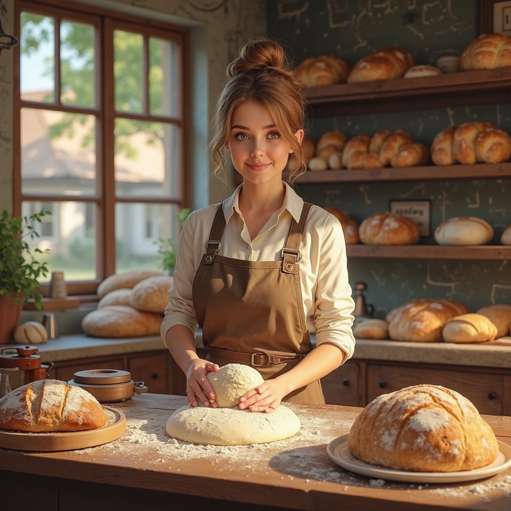 criar um ambiente de uma padaria, um forno a lenha, uma bancada de trabalho enfarinhada, with several bags of flour, buns, lodes, baquetes, banettons. disney pixar, melhor qualidade, alta qualidade