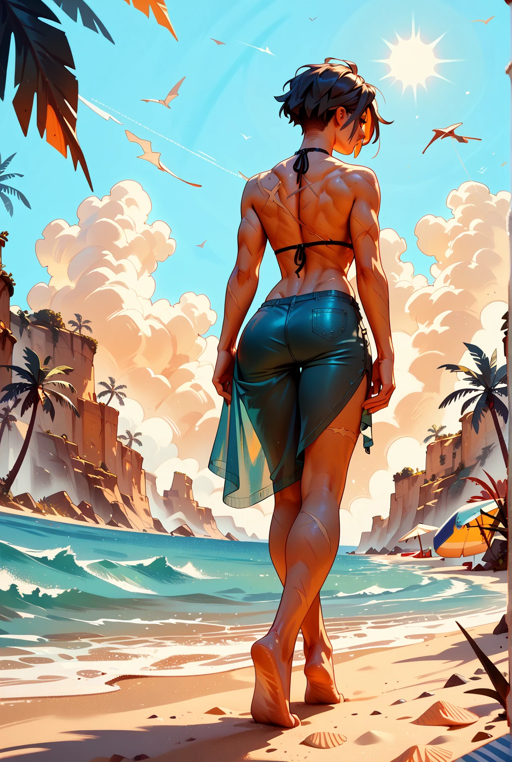 a demon girl with white hair, wearing a bikini, on a beach, full body shot from behind, beautiful detailed eyes, beautiful detailed lips, extremely detailed face and body, (best quality,4k,8k,highres,masterpiece:1.2),ultra-detailed,(realistic,photorealistic,photo-realistic:1.37),cinematic lighting,fantasy,dark,mysterious