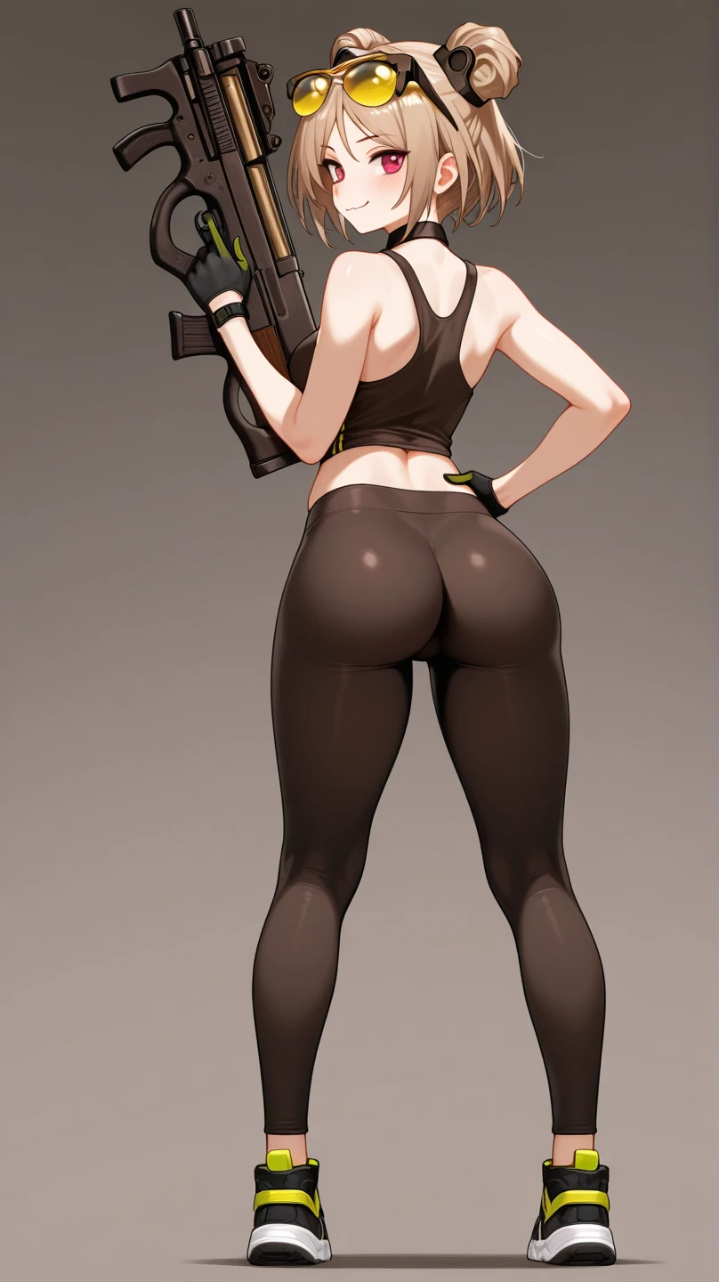 a close up of a person with a gun and a backpack, back pose, centered full body rear-shot, quiet from metal gear solid, thicc, rear-shot, badass pose, metal gear solid style, realistic shaded perfect body, metal gear solid inspired, female spy, hand on hips, full body details, quiet from metal gear solid v