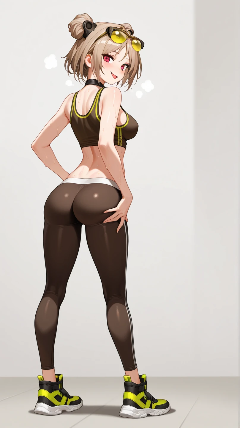 (solo:1.1),(masterpiece), (best quality:1.3), highly detailed, intricate, professional art, digital art, absurdres, emerald sustrai, futanari emerald sustrai wearing a quarter-sleeve cross-strap-crop-top and brown-chaps-over-white-pants with sandals posing indoors, 1girl, solo, dark skin, green hair, bob hair, smirk, gold hoop earrings, ab lines, detailed stomach, red eye colour, dark skin small breasts, (wide hips:1.5), (aroused:1.2), (futanari:1.1), large penis, thick penis, veiny penis, huge testicles, (black makeup 1:1), (Black lipstick:1.3), beestung lips, (pubic hair trail:1.1), penis bulge under clothes, crotch bulge, testicle bulge between thighs, furniture, frontal view, universal lighting