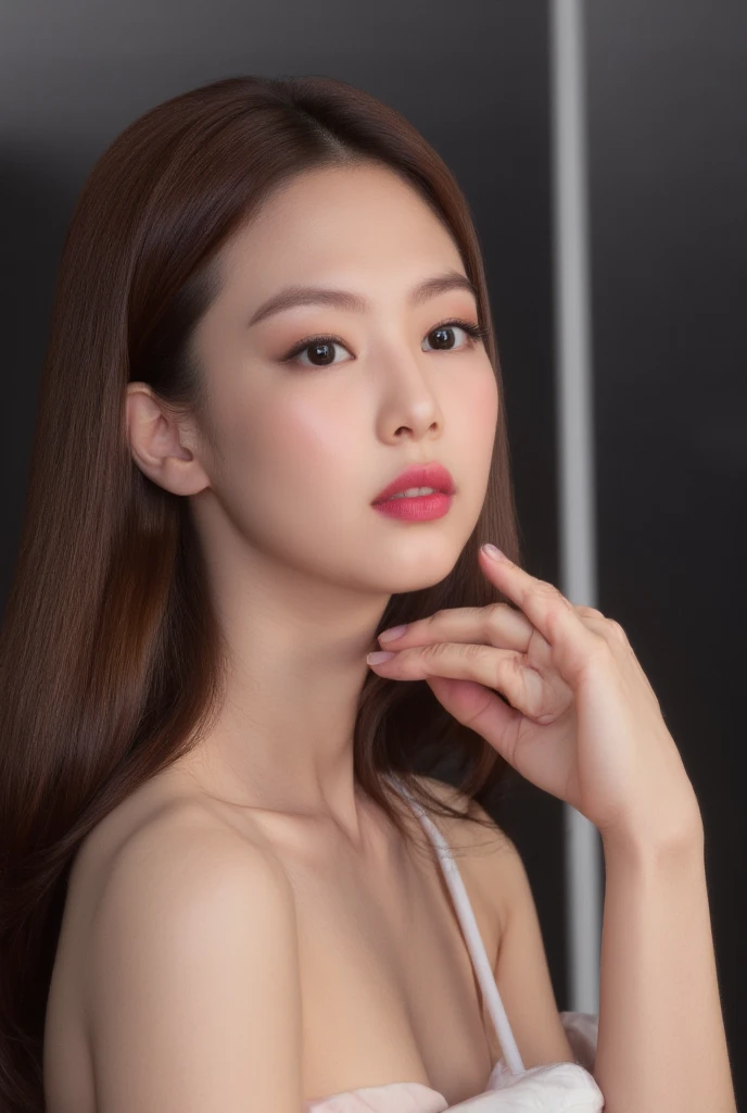Best quality, masterpiece, ultra high res, photorealistic, raw photo, unity 8k wallpaper,(red lips:1.3),(pink eyeshadow:1.3),parted lips,,(evil smile:1.1), tan skin
