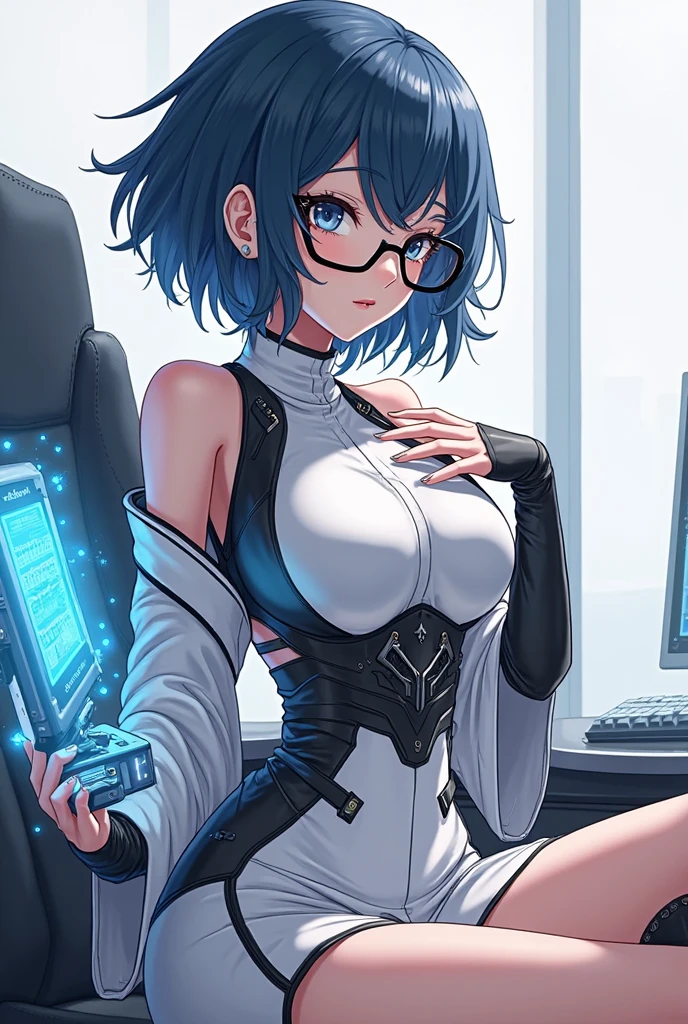 One girl,Short hair,Redhead,Bright Blue Eyes, Curvy, Huge breasts, humanoid robot, wave hands, joint, robot, robot joint, Shiny, Shiny skin, Thighs, Wide Hips, robot, humanoid robot, robot girl,indoor,window,sf,Sitting,city,Grin,office lady,Suit skirt,Black jacket, White shirt,cyber punk,Close one eye ,Wink
