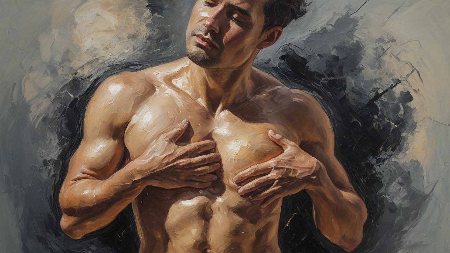a thick textured oil painting, impasto brushstrokes, dry brushing,revealing underlayers, abstract landscape, moody lighting, dramatic shadows, muted earthy colors, vibrant colors, highly detailed, masterpiece