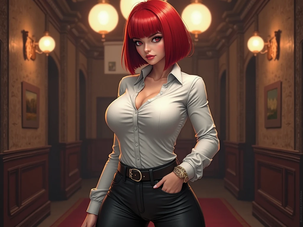 Busty redheaded dwarven female with a black governmental suit and aviators, cleavage, full body shot