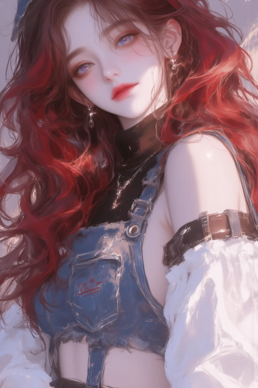 (masterpiece, best quality, 1girl, solo, intricate details, chromatic aberration), realistic, ((medium breath)),long hair, rainbow hair, red head ornament, colorful highlights, hair over one eye, detailed eyes, earrings, sharp eyes, choker, neon long shirt, open jacket, (symmetry eyes),(perfect symmetrical body),against wall, brick wall, graffiti, dim lighting, alley, look at viewer, attractive style,