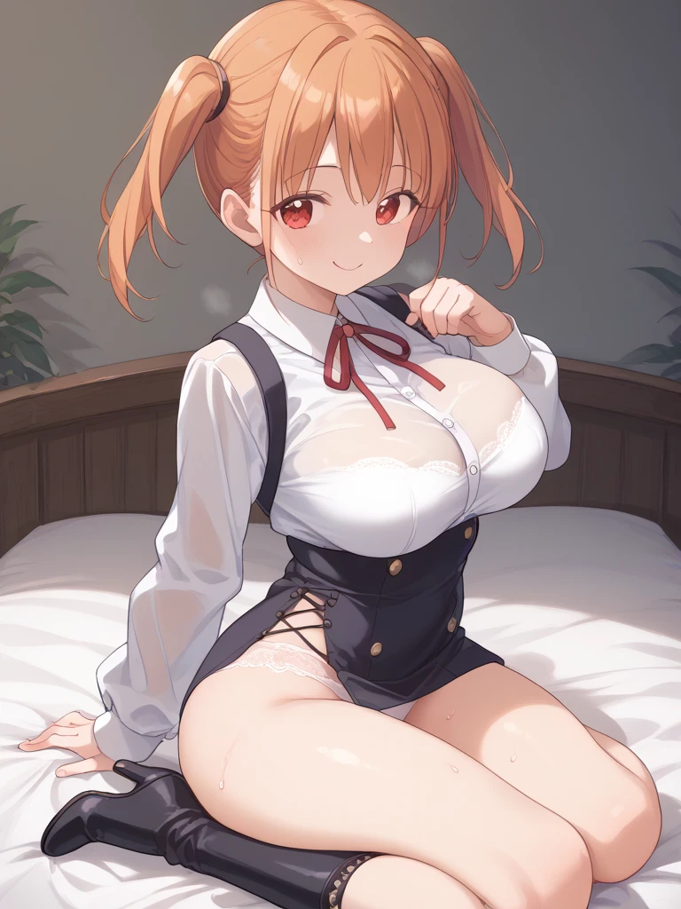 Asuna Yuki(Sword Art Online), dynamic angle, long bronze hair,Braid,brown eyes,fine eyes,big chest line,roll forward,armature,chest flap,long sleeve white shirt,removed sleeve,red and white skirt,pleated skirt,lively,Her thin legs are so cute.,very beautiful long legs.,white thighs,garter,perfect body,lively,Are standing,in the bedroom ,(((on the bed))),((skirt lift)), white lace panties,NSFW,kneel down,1 person、1 personの女の子