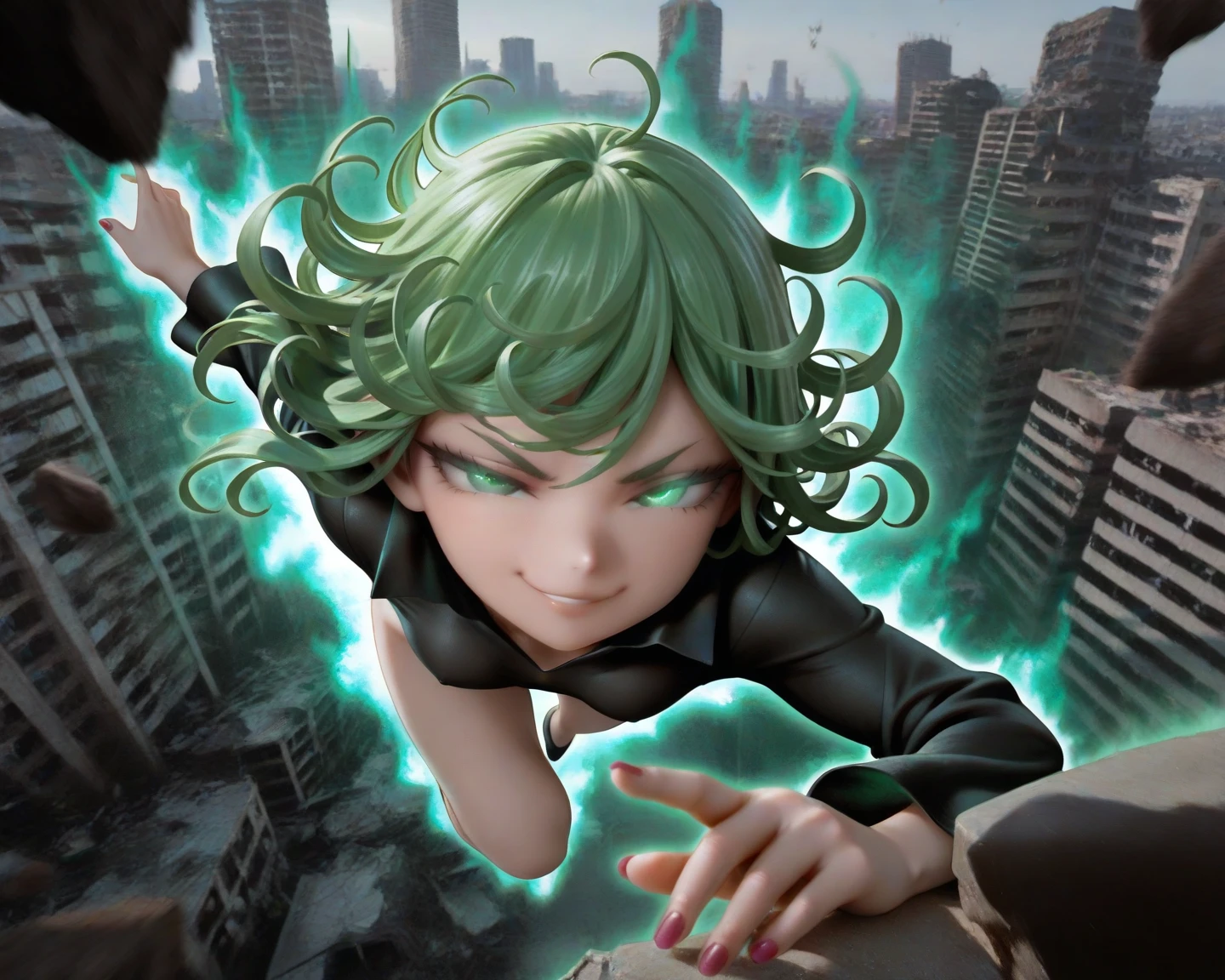 1girl, alone, Tatsumaki One Punch Man floating over a city, Anime girl, short hair, green hair, green eyes, Tatsumaki black outfit, Tatsumaki (One Punch Man) Clothing style, Black clothing, Black dress, long sleeve, pelvic curtain, Detailed clothes, masterpiece, symmetrical, serious face, very small breasts, small breasts, medium thigh medium waist, wide hips, 1 girl, bright green eyes, City Background, Sky Background, View from above, Bokeh, 4K Masterpiece, HDR , Anime art style, One Punch Man art style, sharp colors, vivid colors, green particles, iom