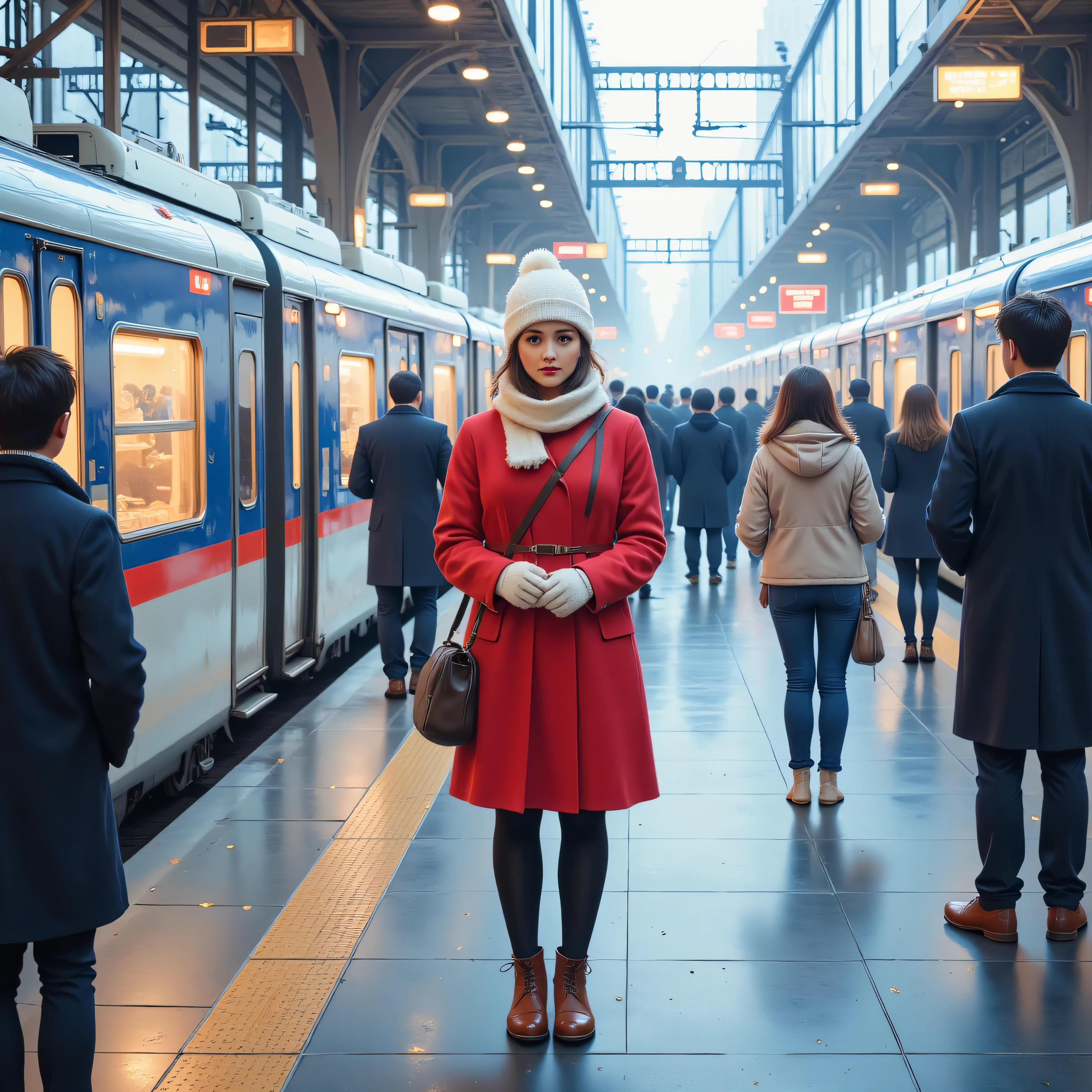 Arrival platform of a Shinkansen station, a woman waiting for her boyfriend to return home, red peacoat, mittens, white Russian hat, scarf, brown short boots, expression of expectation and anxiety