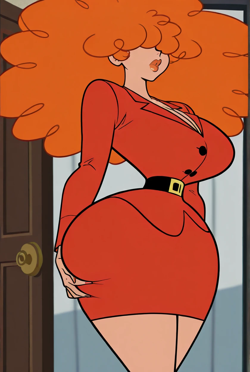 A stunning red-haired gigantic super double big breast woman nice ass with long straight hair framing her face, dons a Christian university school outfit featuring a sexy lingerie of school uniforme. pantyhoose., bold red makeup, and crimson lipstick adorn her perfect face, marked by a small mole on the left side of her mouth. Her expression is one of shame, yet her hornyness shines through. Her physique is flawless,big breasted, boasting a rounded chest, curvy derrière, and muscular thighs. The scene is meticulously detailed, set against a raw, high-resolution 8K backdrop with perfect lighting.