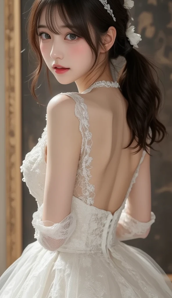 araffe asian woman in a white dress with a flower in her hair, elegant corset, white royal dress, romantic dress, silk dress, royal elegant pose, rococo queen, elegant glamourous cosplay, imperial royal elegant clothing, victorian dress, lovely queen, fantasy long intricate gown, silk satin, romantic gown, cute elegant pose, exquisite aristocratic, masterpiece, superdeformed, full body: 1.2, ultra high res, RAW photo, masterpiece, ultra detailed, 8k, full detailed hair, highres, best quality, ultra high res, ultra detailed face and eyes, (photorealistic:1.4), looking at viewer, smiling, cute, (ray tracing:1.4), (long legs:1.4), Best quality , masterpiece, large hip, big melons, big butt, large chest, large hip , big breast, Yua Mikami, Fully facial detailed, beautiful, ((very detailed of hair )) , (((18 years old))), thin lips, big eyes, highres, seducing, blue eyes , slim waist, 8k, 16k, highres,
karol bak uhd, inspired by hajime sorayama,