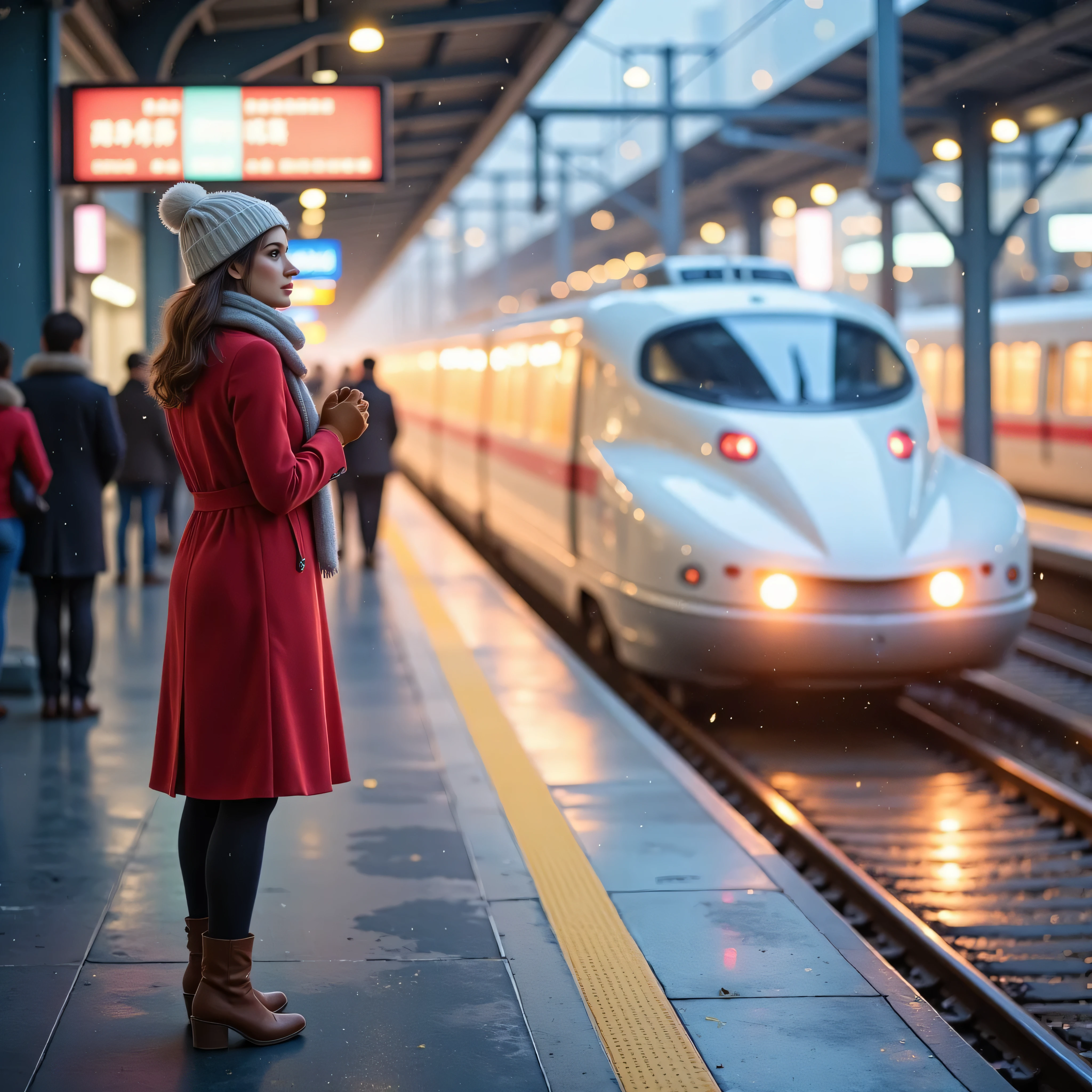 Arrival platform of a Shinkansen station, a woman waiting for her boyfriend to return home, red peacoat, mittens, white Russian hat, scarf, brown short boots, expression of expectation and anxiety