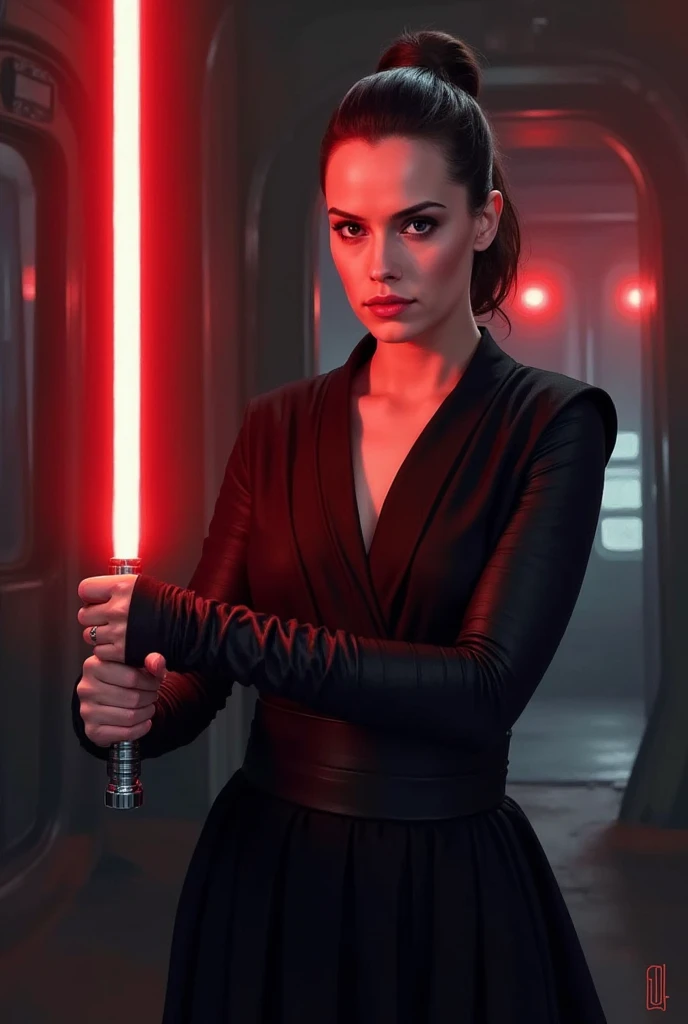 ultra wide angle, in focus, dark epic background, gorgeous lifelike, dynamic pose, a young lady, (highly detailed face and eyes:1.3), arrogant expression, holding red lightsaber in his hand, medium shot, hyper details, lighting art, cinematic, insane details, intricate details, hyperdetailed, goth, fractal, dark shot, big , full body