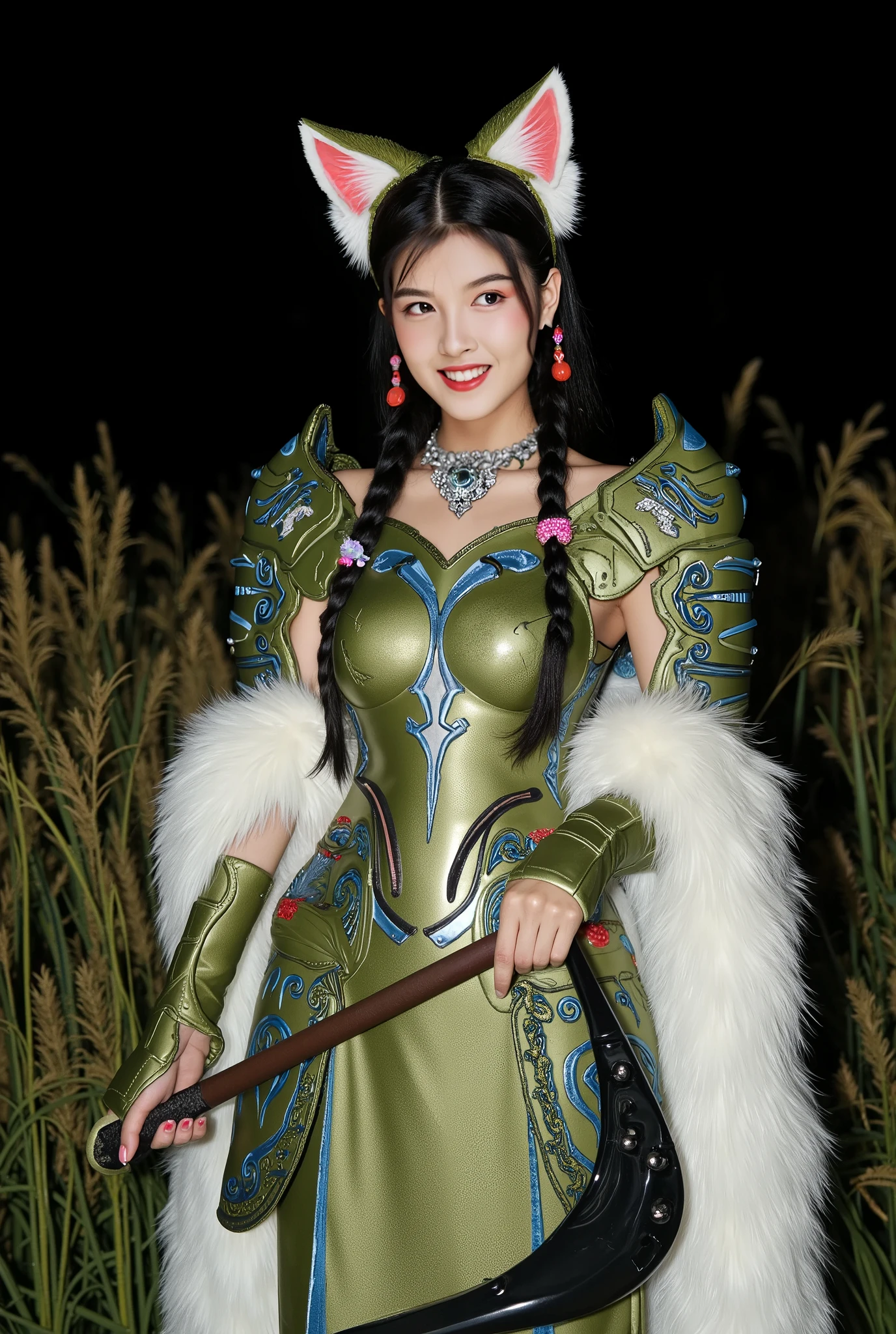 Realistic. charming oriental woman in futuristic armor costume with shiny olive green dominant mechanism, shiny blue intricate pattern, black braided hair decorated with colorful beads, futuristic cybernetic fox head hood, wearing a jeweled necklace and luxurious white fur cloak, standing on tall green grass. Looking at the camera smiling, one hand holding a modified mecha hammer with a sharp and unique curved sickle blade. Smooth night background.