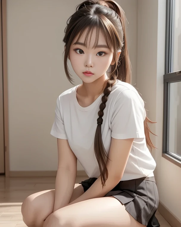 ((Best quality, 8k, Masterpiece: 1.3, raw photo)), Sharp focus: 1.2, (1 AESPA girl: 1.1), (realistic, photo-realistic:1.37), face focus, cute face, small breasts, flat chest, brunette short messy hair, or pony tail, sitting, white shirt, skirt, classroom, books, sunlight, cinematic lighting, from below