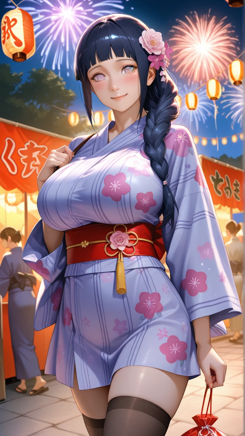 rinko, (Sexy Gorgeous japanese kimono,low-cut neckline,delicate embellishments:1.2),(no panties),Open neckline,large breasts,long hair, ponytail,blue hair, hair between eyes, sidelocks, purple eyes, looking at viewer,(night pub),(highres, high quality:1.1), intricate details, cinematic lighting, 1girl,(red blush,embarrassed),(metal dog collar:1.2),Carrying cocktail tray,